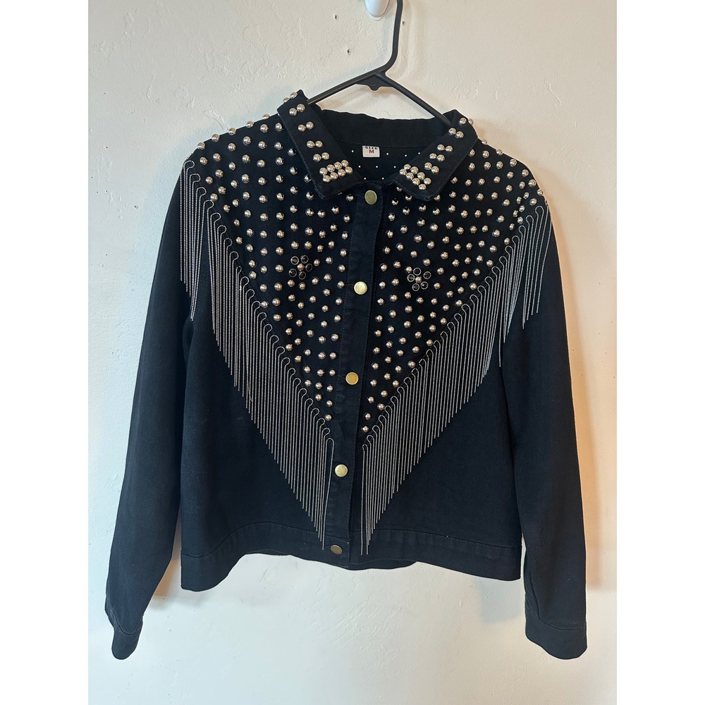 Black Studded Denim Jacket with Studs, Chain Fringe Western Rocker Style Medium